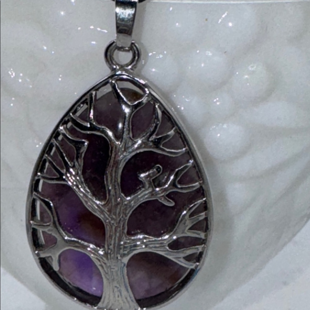 amethyst gemstone pendant 2” pendant silver tone tree of life on 9” cord NEW